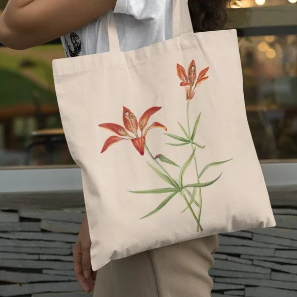 Wood Lily Vintage Watercolor Floral Print Graphic Canvas Tote Bag - Picture 1 of 5
